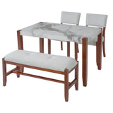 4-Piece Dining Set, Faux Marble Table with 2 Upholstered Chairs & 1 Bench with Rubber Wood Legs for Living Room, Dining Room