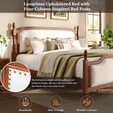 King Size Classic Upholstered Platform Bed Frame with Curved Headboard & Footboard, Four Poster Bed with Nailhead Trim, Walnut