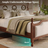 King Size Classic Upholstered Platform Bed Frame with Curved Headboard & Footboard, Four Poster Bed with Nailhead Trim, Walnut