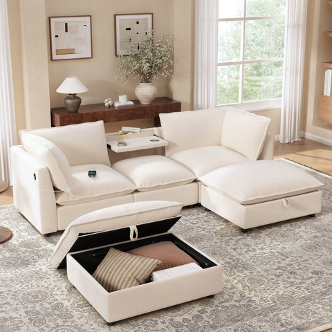 98" Modular Sectional Sofa, U-Shaped Cloud Couch with Movable Storage Ottoman, Fold-down Backrest Table & Charing Ports