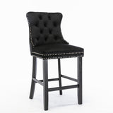 Set of 2 Velvet Upholstered Barstools, Bar Chairs with Wood Legs & Chrome Nailhead Trim for Kitchen Island, Living Room