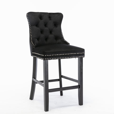 Set of 2 Velvet Upholstered Barstools, Bar Chairs with Wood Legs & Chrome Nailhead Trim for Kitchen Island, Living Room