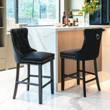 Set of 2 Velvet Upholstered Barstools, Bar Chairs with Wood Legs & Chrome Nailhead Trim for Kitchen Island, Living Room
