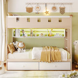 Twin Castle-Style Bunk Bed with Integrated LED Lighting, Bookshelf and 2 Storage Drawers