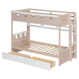 Twin Castle-Style Bunk Bed with Integrated LED Lighting, Bookshelf and 2 Storage Drawers
