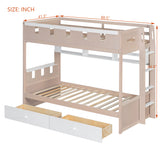 Twin Castle-Style Bunk Bed with Integrated LED Lighting, Bookshelf and 2 Storage Drawers