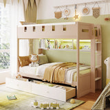 Twin Castle-Style Bunk Bed with Integrated LED Lighting, Bookshelf and 2 Storage Drawers