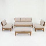 Outdoor 4-Piece Patio Conversation Set, Acacia Wood Sofa Set with Beige Cushions & Bench for Garden, Backyard & Balcony