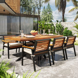 7pcs Acacia Wood Dining Set, 63" Rectangular Table with 6 Armchairs, Iron Frame & Detachable Cushions, Outdoor/Indoor Furniture