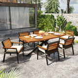 7pcs Acacia Wood Dining Set, 63" Rectangular Table with 6 Armchairs, Iron Frame & Detachable Cushions, Outdoor/Indoor Furniture