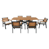 7pcs Acacia Wood Dining Set, 63" Rectangular Table with 6 Armchairs, Iron Frame & Detachable Cushions, Outdoor/Indoor Furniture