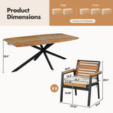 7pcs Acacia Wood Dining Set, 63" Rectangular Table with 6 Armchairs, Iron Frame & Detachable Cushions, Outdoor/Indoor Furniture