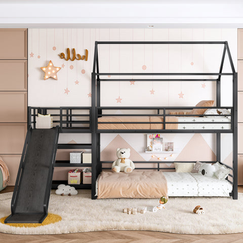 Twin Metal House Bunk Bed with Storage Stairs and Slide, Heavy-Duty Bed Frame with Safety Rails