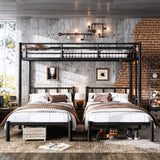 Metal Triple Twin Bunk Bed, Detachable 3-in-1 Design, Integrated Shelf & Middle Table, Twin XL Convertible, Black