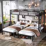 Metal Triple Twin Bunk Bed, Detachable 3-in-1 Design, Integrated Shelf & Middle Table, Twin XL Convertible, Black