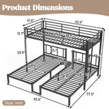 Metal Triple Twin Bunk Bed, Detachable 3-in-1 Design, Integrated Shelf & Middle Table, Twin XL Convertible, Black
