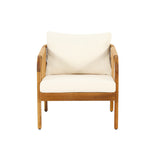 Patio Accent Chair Outdoor Club Chair Wicker Armchair Porch Leisure Chair with Cushion & Weather-Resistant Acacia Wood Frame,Brown&Beige