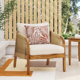 Patio Accent Chair Outdoor Club Chair Wicker Armchair Porch Leisure Chair with Cushion & Weather-Resistant Acacia Wood Frame,Brown&Beige