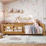 Twin Floor Bed with Built-in Bookshelf & Safety Guardrails, Low Profile Montessori Style Bed Frame