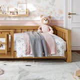 Twin Floor Bed with Built-in Bookshelf & Safety Guardrails, Low Profile Montessori Style Bed Frame