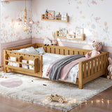 Twin Floor Bed with Built-in Bookshelf & Safety Guardrails, Low Profile Montessori Style Bed Frame
