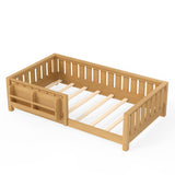 Twin Floor Bed with Built-in Bookshelf & Safety Guardrails, Low Profile Montessori Style Bed Frame