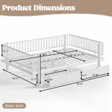 Queen Size Platform Bed, Metal Daybed with 2 Drawers & Safety Fence for Bedroom, Living Room, Low Profile Design