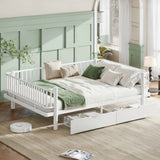 Queen Size Platform Bed, Metal Daybed with 2 Drawers & Safety Fence for Bedroom, Living Room, Low Profile Design