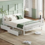 Queen Size Platform Bed, Metal Daybed with 2 Drawers & Safety Fence for Bedroom, Living Room, Low Profile Design