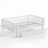 Queen Size Platform Bed, Metal Daybed with 2 Drawers & Safety Fence for Bedroom, Living Room, Low Profile Design