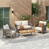 4pcs Patio Sofa Chair Set Outdoor Conversation Chat Set Garden Seating Group with Coffee Table & Water Resistant Cushion, Teak&Grey&Beige