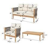 4pcs Patio Sofa Chair Set Outdoor Conversation Chat Set Garden Seating Group with Coffee Table & Water Resistant Cushion, Teak&Grey&Beige