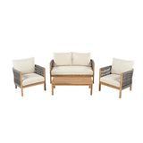 4pcs Patio Sofa Chair Set Outdoor Conversation Chat Set Garden Seating Group with Coffee Table & Water Resistant Cushion, Teak&Grey&Beige