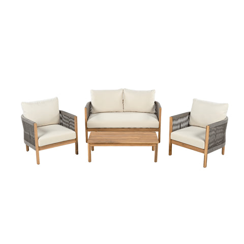 4pcs Patio Sofa Chair Set Outdoor Conversation Chat Set Garden Seating Group with Coffee Table & Water Resistant Cushion, Teak&Grey&Beige