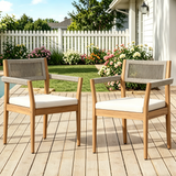 Set of 2 Acacia Wood Outdoor Dining Chairs, Armchairs with Beige Rope & Cushions for Garden, Poolside, Backyard