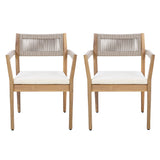 Set of 2 Acacia Wood Outdoor Dining Chairs, Armchairs with Beige Rope & Cushions for Garden, Poolside, Backyard