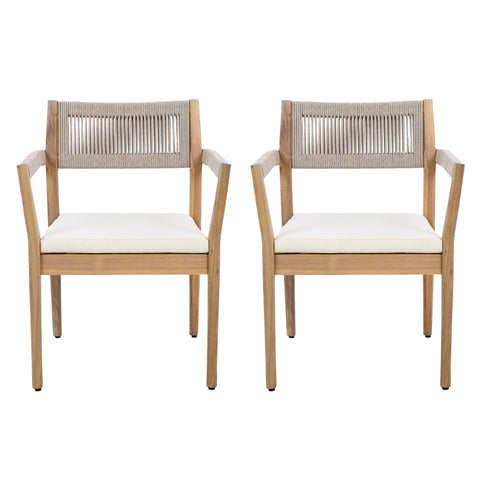 Set of 2 Acacia Wood Outdoor Dining Chairs, Armchairs with Beige Rope & Cushions for Garden, Poolside, Backyard