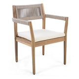 Set of 2 Acacia Wood Outdoor Dining Chairs, Armchairs with Beige Rope & Cushions for Garden, Poolside, Backyard
