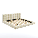 King Size Velvet Upholstered Platform Bed Frame Low Profile Bed with Channel Tufted Soft Headboard, Beige