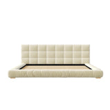 King Size Velvet Upholstered Platform Bed Frame Low Profile Bed with Channel Tufted Soft Headboard, Beige