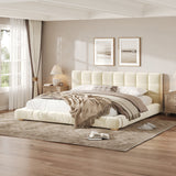King Size Velvet Upholstered Platform Bed Frame Low Profile Bed with Channel Tufted Soft Headboard, Beige