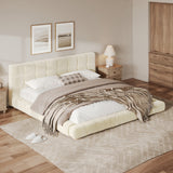 King Size Velvet Upholstered Platform Bed Frame Low Profile Bed with Channel Tufted Soft Headboard, Beige