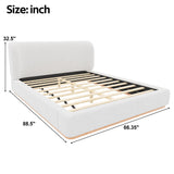 Queen Size Upholstered Platform Bed Frame Low Profile Bed with Headboard, White