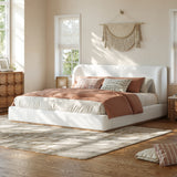 Queen Size Upholstered Platform Bed Frame Low Profile Bed with Headboard, White