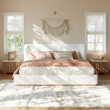 Queen Size Upholstered Platform Bed Frame Low Profile Bed with Headboard, White