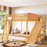 Full Loft Bed with Upholstered Headboard, Playhouse Loft Bed Frame with Slide & Storage Shelves