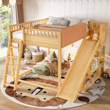 Full Loft Bed with Upholstered Headboard, Playhouse Loft Bed Frame with Slide & Storage Shelves