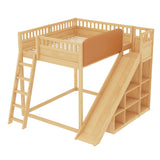 Full Loft Bed with Upholstered Headboard, Playhouse Loft Bed Frame with Slide & Storage Shelves