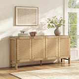 Farmhouse Sideboard Cabinet with Handwoven Paper Rope Doors, Wood Accent Cabinet with Solid Wood Legs & Adjustable Shelves