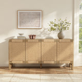 Farmhouse Sideboard Cabinet with Handwoven Paper Rope Doors, Wood Accent Cabinet with Solid Wood Legs & Adjustable Shelves